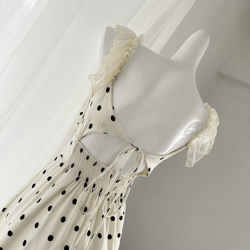 BXOXO - summer inspo Summer New Woman Dress Lace Patchwork Polka Dot Sleeveless Slim Backless Ruffles Elegant Sexy Dresses Chic Design Fashion