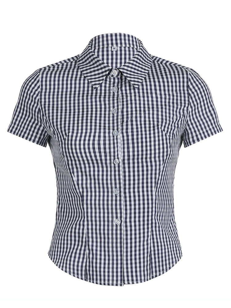BXOXO - summer inspo Sweetown American Retro Casual Short Sleeve Plaid Shirts For Women Button Up Turn Down Collar Summer Spring Preppy Tops
