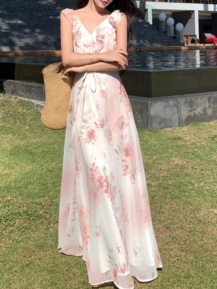 BXOXO party look inspos New Summer Women Elegant Floral Casual Dress Sleeveless A-Line Beach Holiday Clothes with Belted Female Vestidos Long Robe