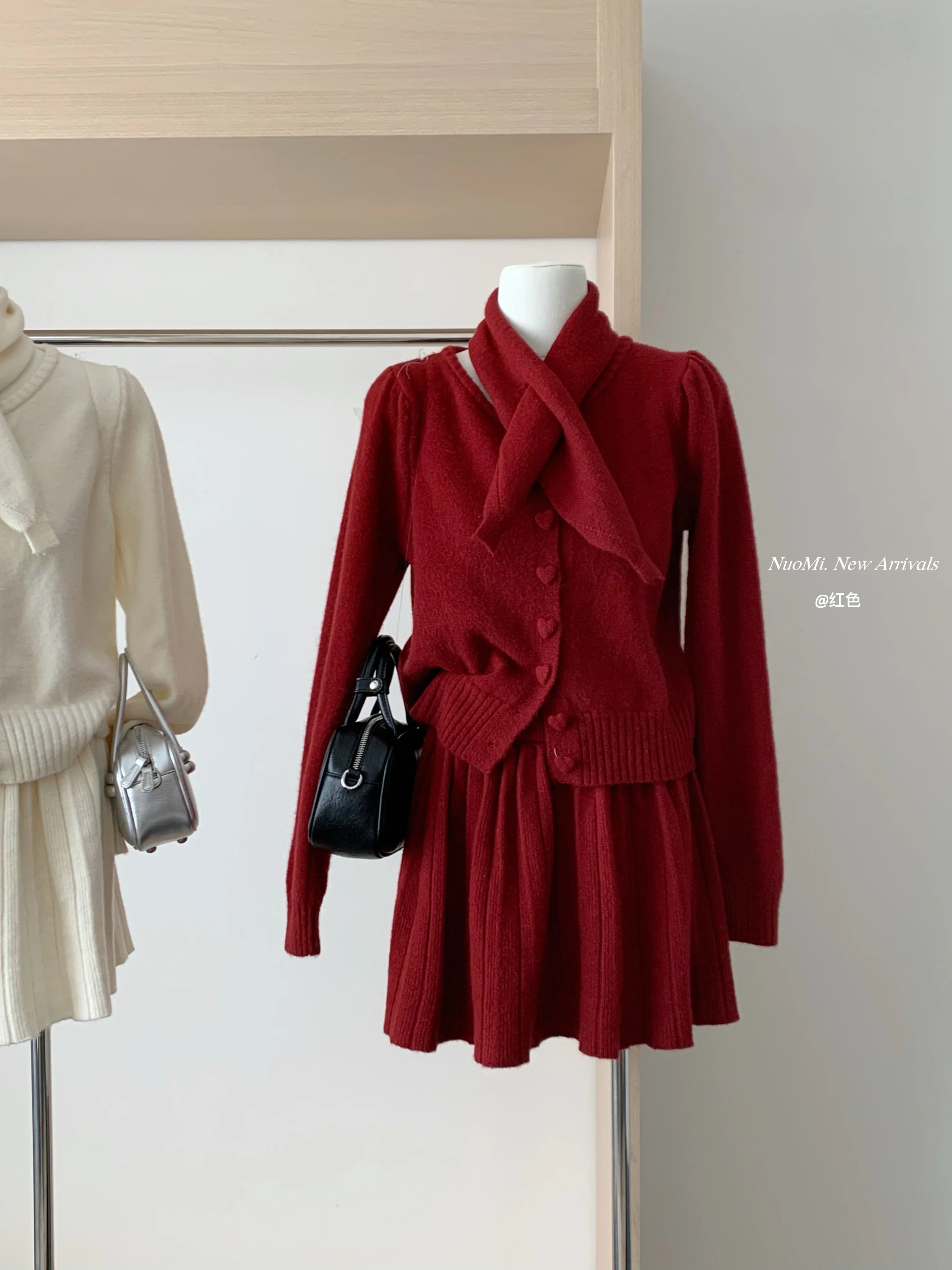 BXOXO Autumn Korean Gentle Elegant Loose 3 Piece Set Women Knitt Heart Button Cardigan+Scarf+Elastic Waist Pleated Skirts Casual Suit