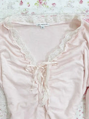 BXOXO Pink T-shirt Long sleeves Sweet Girl Clothes Lace Bandage High waist Hot Vintage 90s Clothes T shirts Femme Crop Top Kawaii Tops