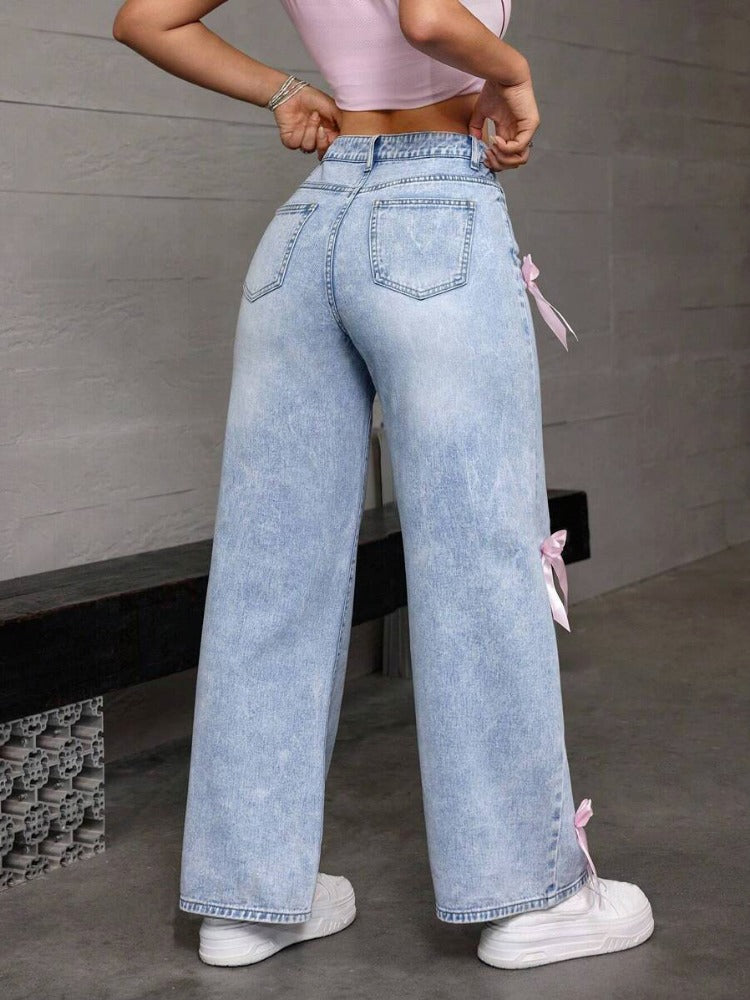 BXOXO Women Casual Bowknot Decor Jeans Y2k Blue Baggy Denim Trousers Loose Straight Sweet Coquette Aesthetic Washed Jeans