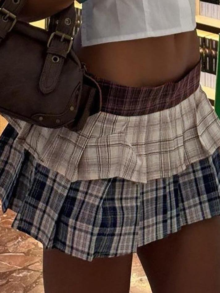 BXOXO - Vintage Contrast Plaid Double-Layer Pleated Skirt