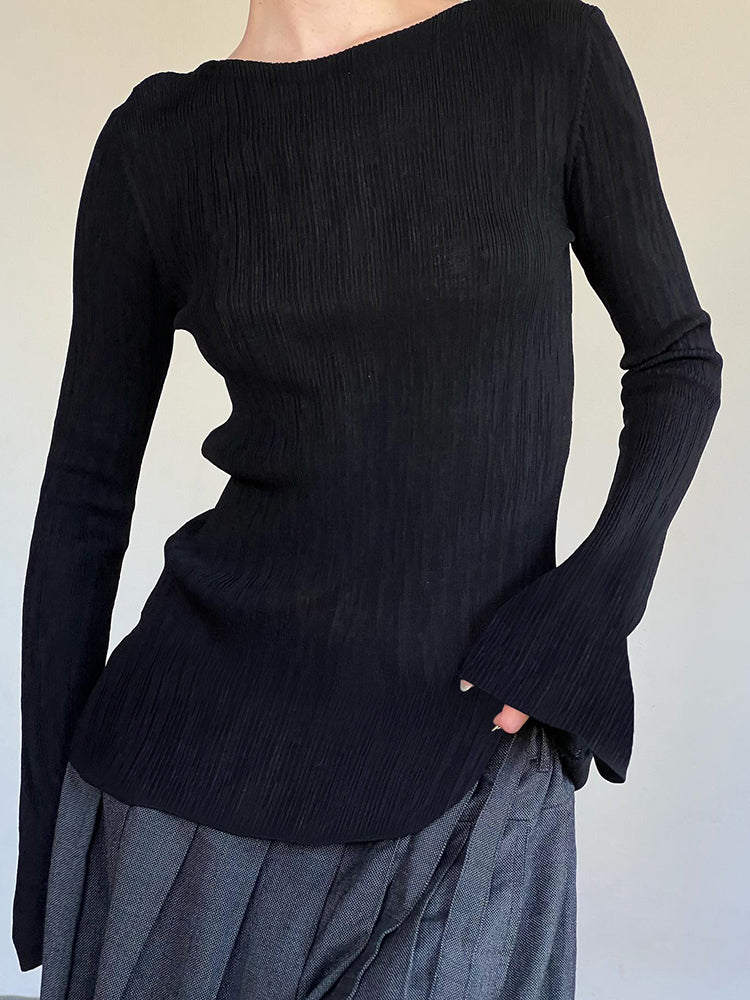 BXOXO - summer inspo Black Solid Slim Flared Sleeve Elegant T Shirt Women Simple Basic Fashion Spring Autumn Knitted Top Tees