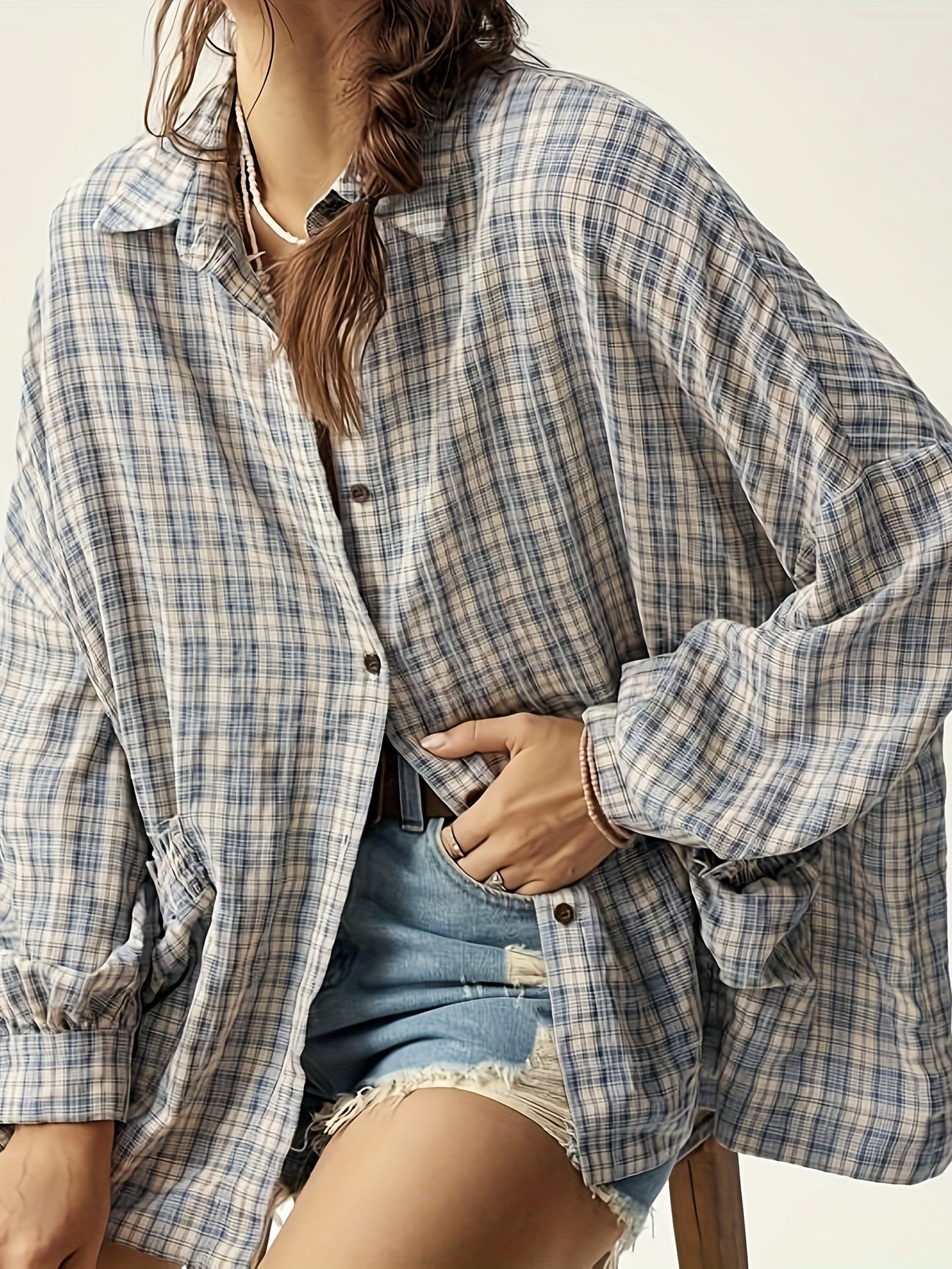 BXOXO Women's Loose Fit Retro Checkered Shirt - Elegant Casual Button-Up Blouse with Classic Collar, Blue & White Grid Pattern, Machine Washable All-Season Versatile Top, Nontransparent Fabric