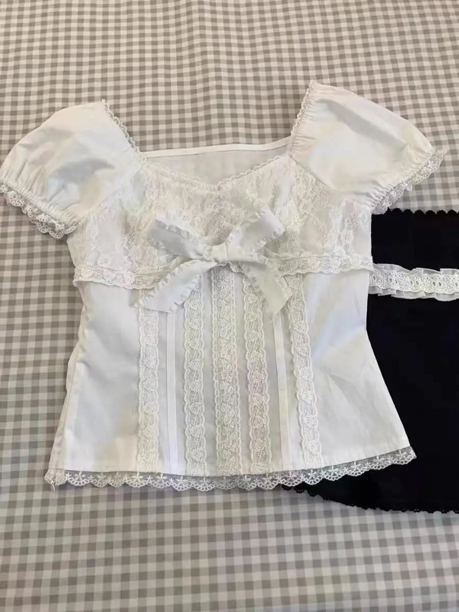BXOXO Y2k Lace Summer Crop Top T Shirts Women Clothes Vintage White Casual Kawaii Korea Sweet Girl Graphic Tee Baby Aesthetic Tops Emo