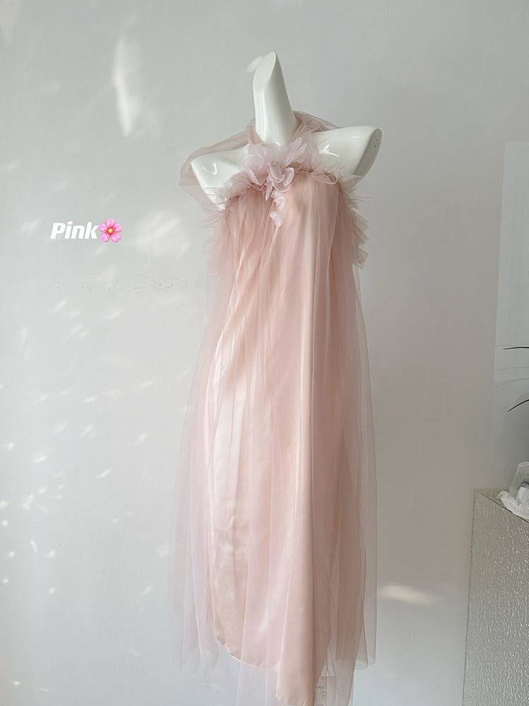 BXOXO - summer inspo Summer Women Halter Mesh Bandage Long Dresses New Elegant Sleeveless Backless Robe Fashion Slim Ruffles Fairy Sundress