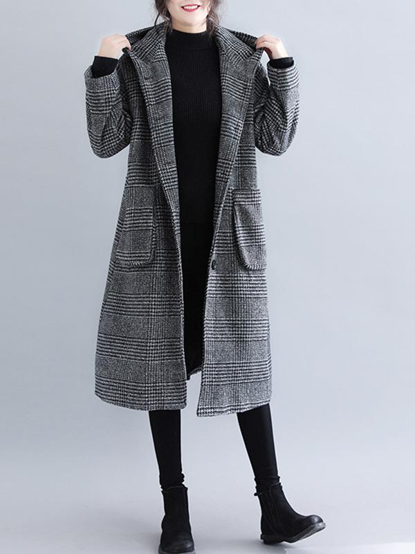 BXOXO Loose Plaid Woolen Hood Coat