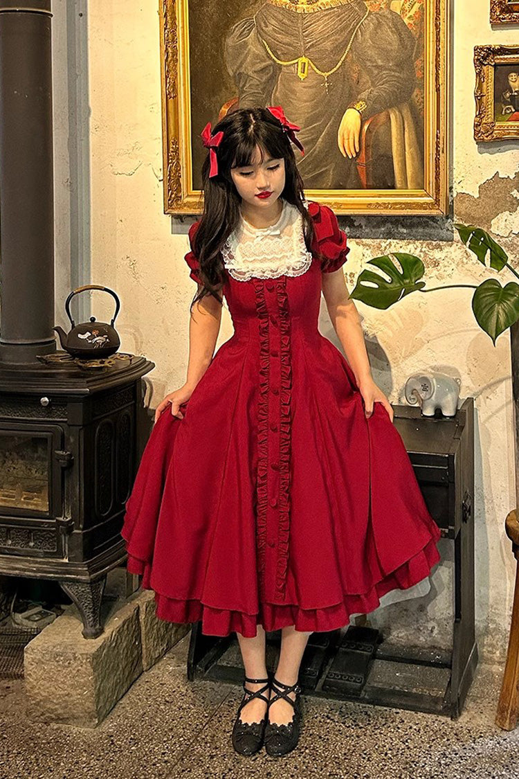 BXOXO Wine Red Annie's Gift Short Sleeves Bowknot Sweet Lolita Dress (Plus Size Support)