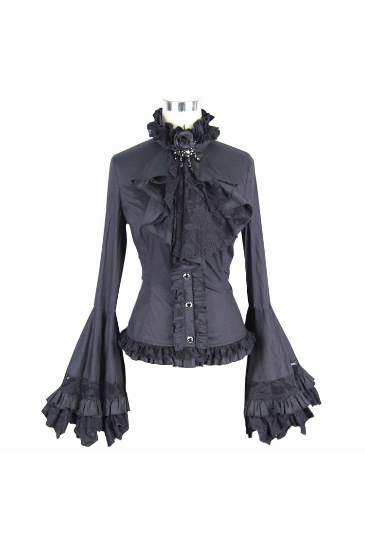 BXOXO Black Vintage Ruffled With Trumpet Sleeves Women's Punk Blouses