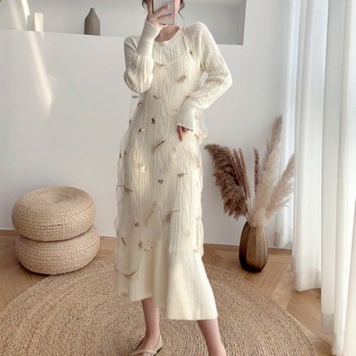 BXOXO party look inspos Korean Slim Knit Sweater Dress Women Knitted Mesh Spaghetti Strap Dress Female Long Sleeve Winter Autumn Dress