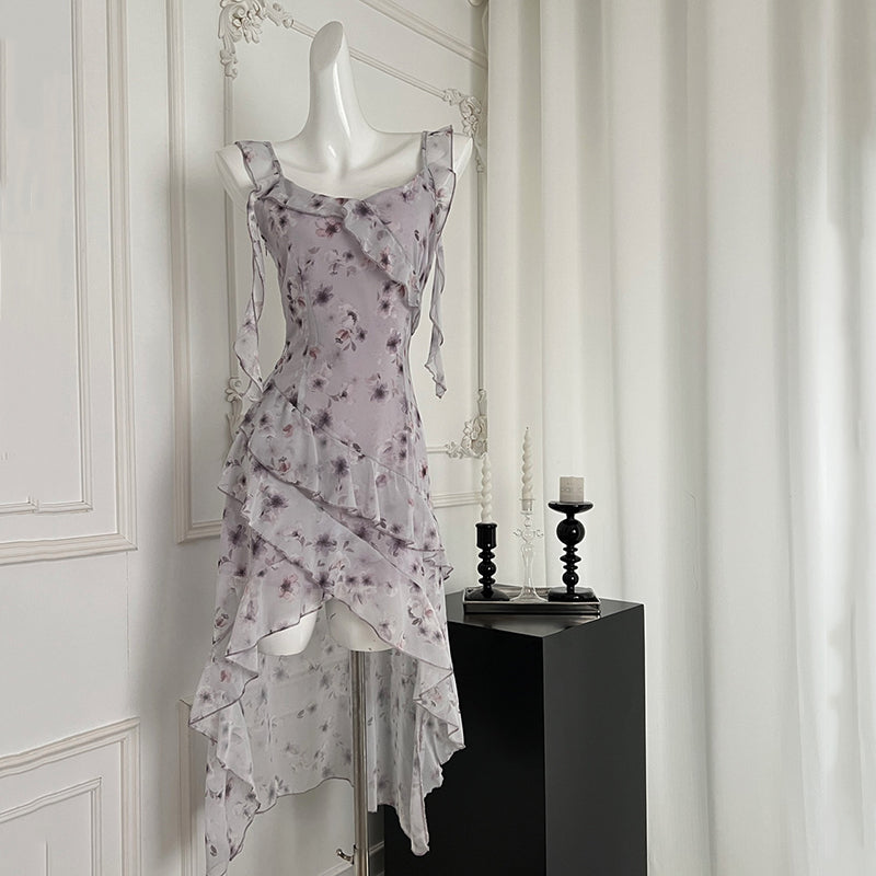 BXOXO - summer inspo Ruffle Edge Floral Print Suspender Dress For Women 2025 Summer New V-Neck Pleated Irregular Slim Fit Dress