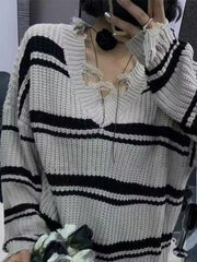 Striped V Neck Frayed Tassel Knit Sweater