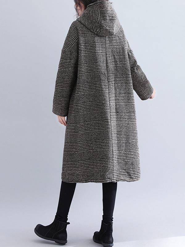 BXOXO Loose Plaid Woolen Hood Coat