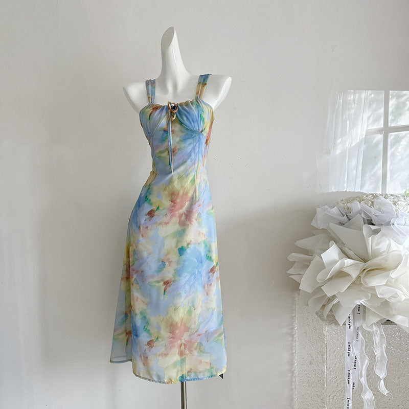 BXOXO - summer inspo French Retro Sexy Feminine Elegant Floral Suspender Dress Summer Party Women's Chic Design Gentle Temperament Long Dress