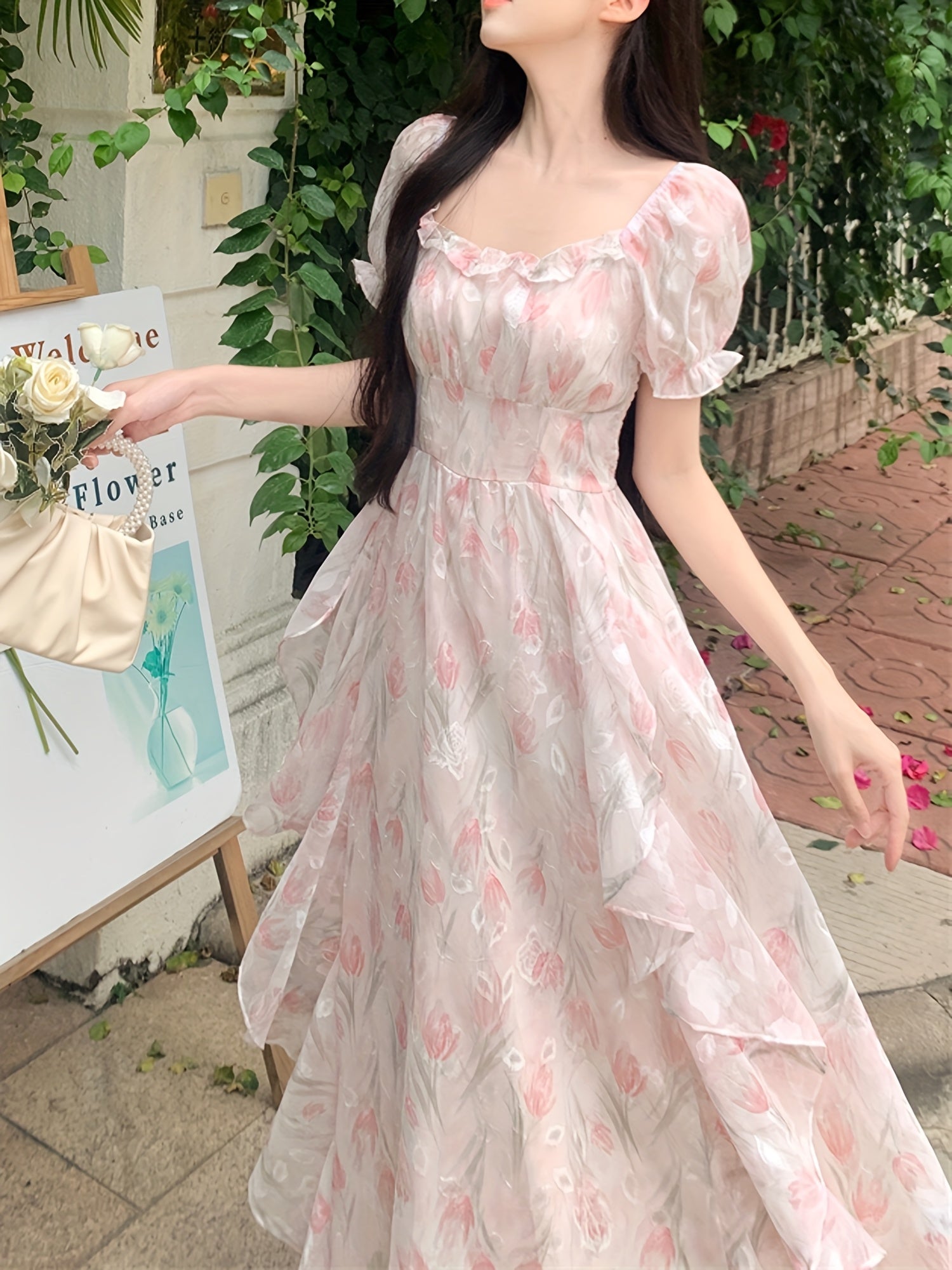 BXOXO Polyester Casual Square Neck Puff Sleeve Short Floral Midi Trapeze Fit and Flare Shirred A-Line Dress, No Belt, No Padding, H Contour, Regular Fit, Woven, 100% Polyester Lining, 90g/㎡ Fabric Weight, 56g/㎡ Lining Wei