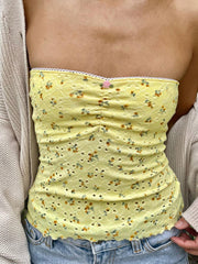BXOXO - summer inspo Yellow Floral Print Sleeveless Strapless Slim Cute Y2K Tube Top Women Lace Trim Shirring 2000sSummer Holiday Clothing