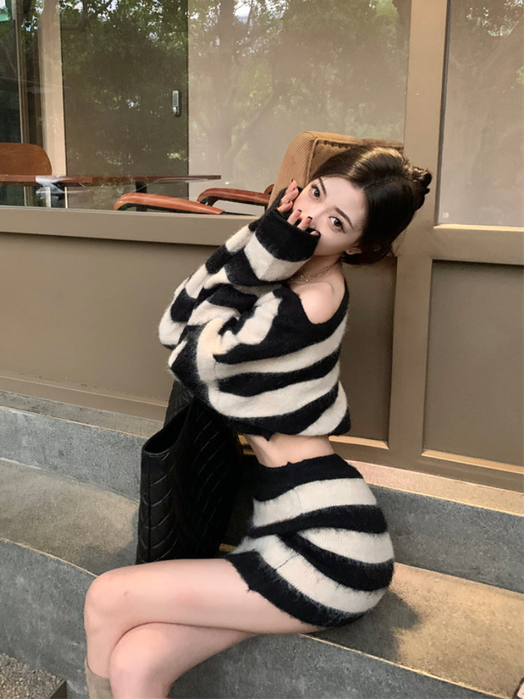 BXOXO party look inspos Striped Knitted Suits Women Casual 2 Piece Dress Set Female Y2k Clothing Korean Fashion Sweater Dress Office Lady 2025 Autumn