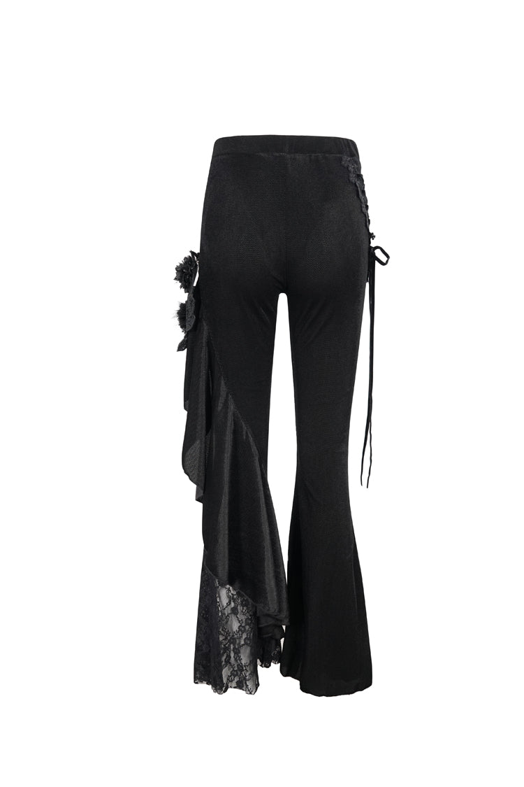 BXOXO Black Velvet Single Side Stitching Rose Net Side Rope Decoration Asymmetric Pattern Flare Women's Gothic Pants