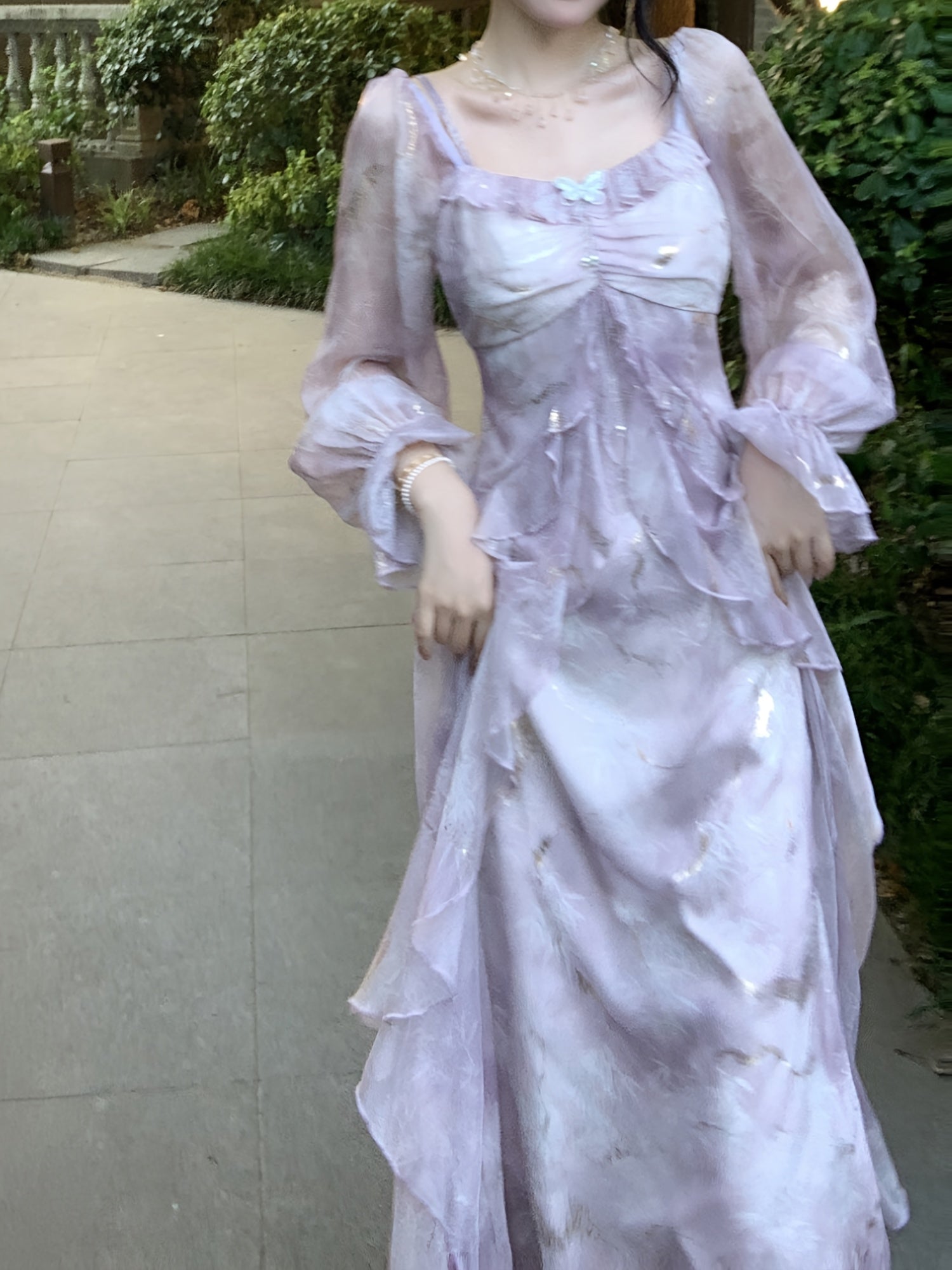 BXOXO Lavender Blue Ombre Dress - Elegant Floral Print, Long Sleeve, Off-Shoulder, A-Line Silhouette, Ruffle Detail, Polyester, Perfect for Spring & Summer