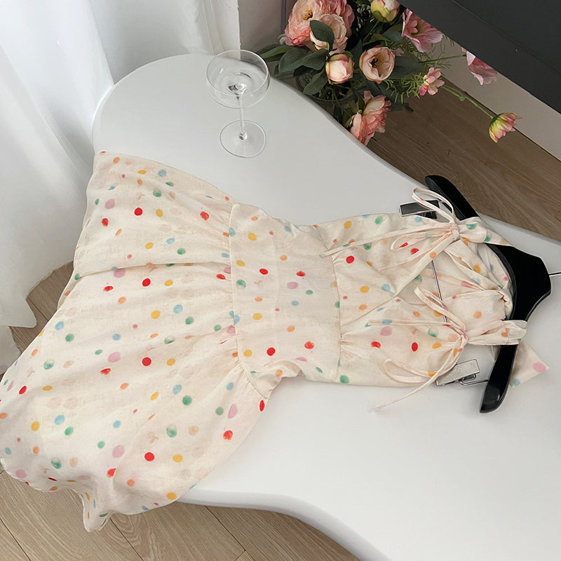 BXOXO - summer inspo Elegant Polka Dot Short Dress Women V-neck Backless Sleeveless Halter Dress Fashion High Waist A-line Mini Dress