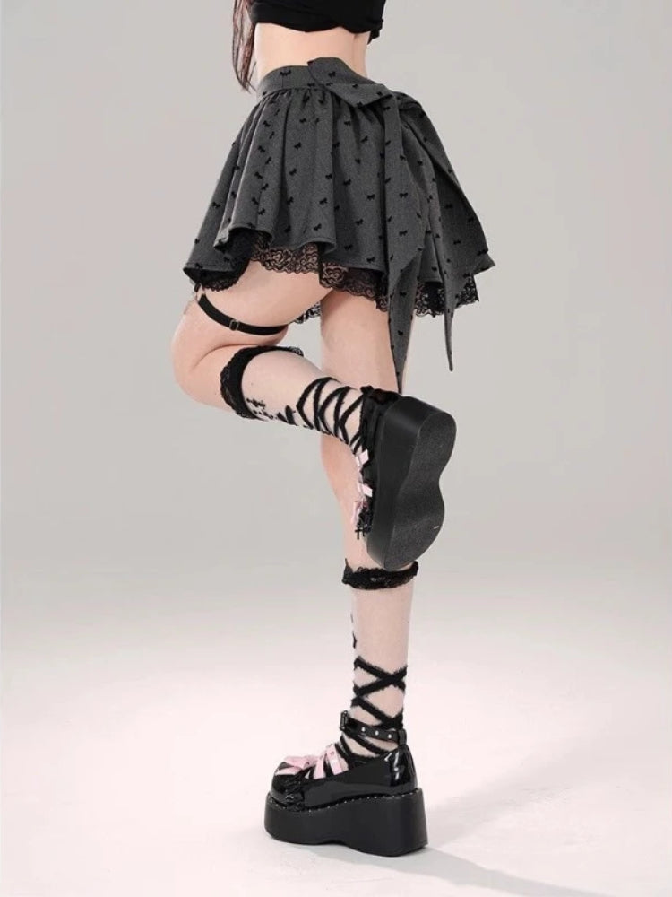 BXOXO Sweet Bow Pleated Skirt Women Kawaii Lace Patchwork Mini Skirts Lolita Japanese Style Cute Gray Dot Print Short Skirts