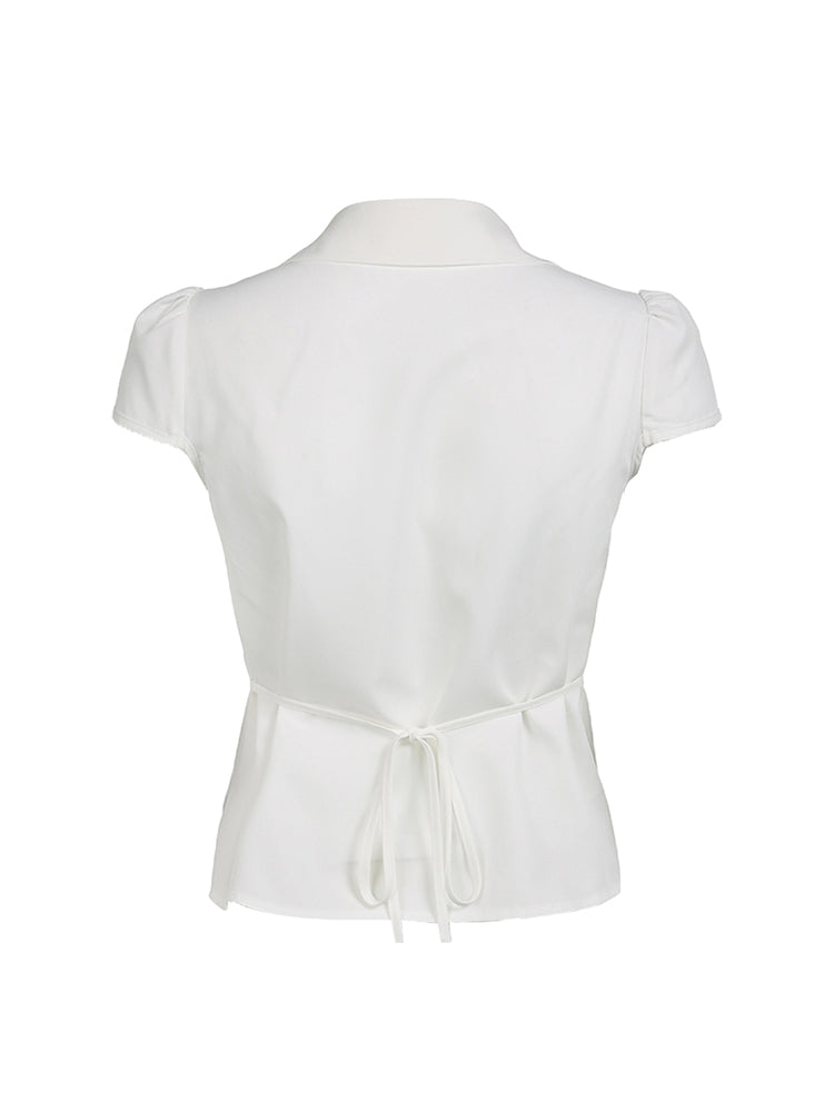 BXOXO - summer inspo Solid Shirring Button Up Turn Down Collar Short Sleeve White Shirts Women Simple Casual Summer Clothes
