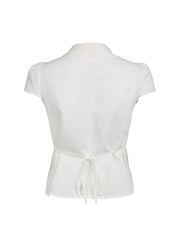 BXOXO - summer inspo Solid Shirring Button Up Turn Down Collar Short Sleeve White Shirts Women Simple Casual Summer Clothes