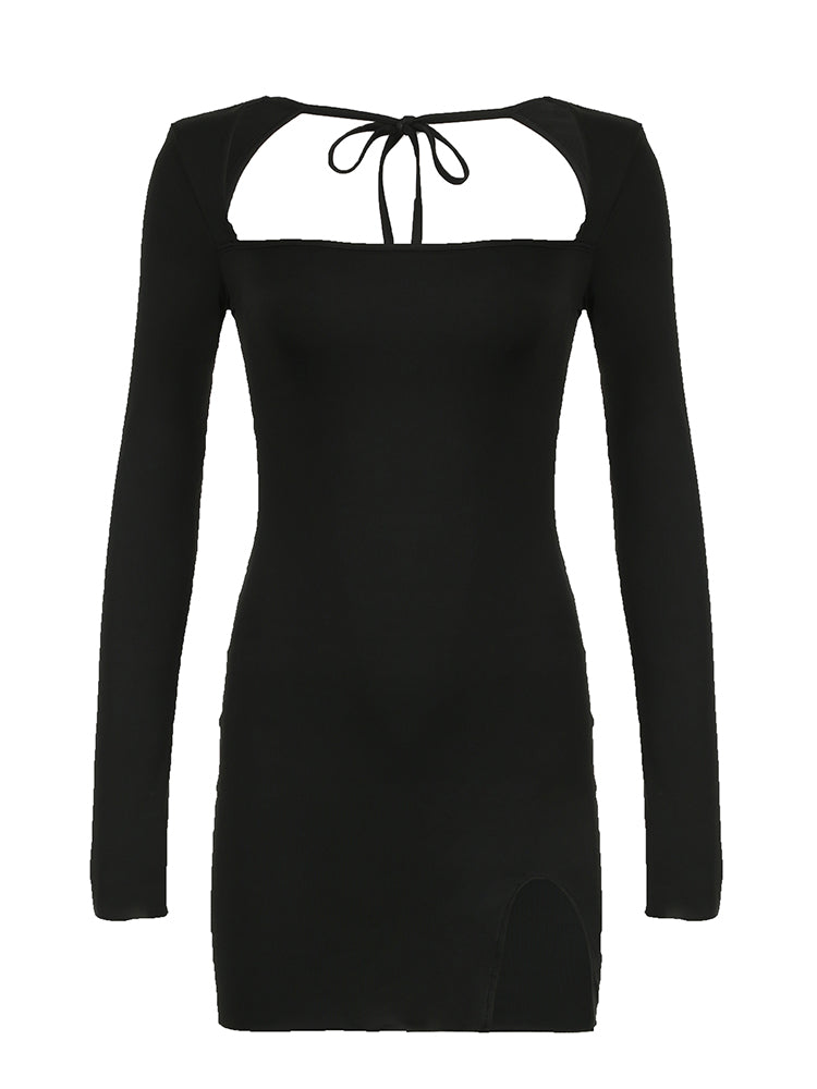 BXOXO - summer inspo Backless Lace-Up Slim Sexy Black Short Dress Women Square Collar Solid Split Elegant Basic Long Sleeve Baddie Clubwear