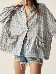 BXOXO Women's Loose Fit Retro Checkered Shirt - Elegant Casual Button-Up Blouse with Classic Collar, Blue & White Grid Pattern, Machine Washable All-Season Versatile Top, Nontransparent Fabric