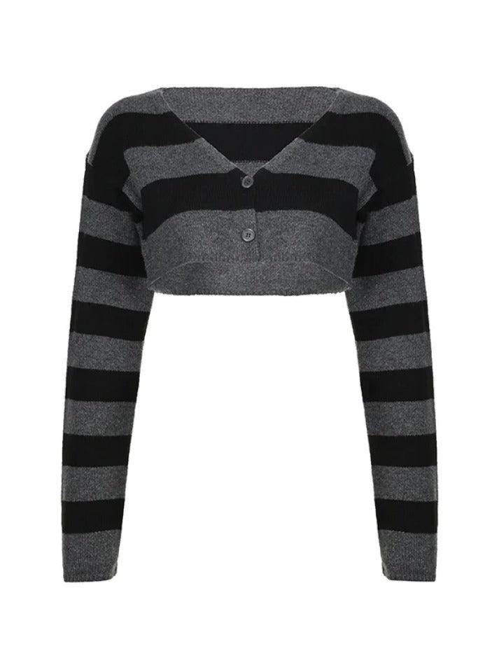Vintage Striped Ultra Short V Neck Long Sleeve Knit