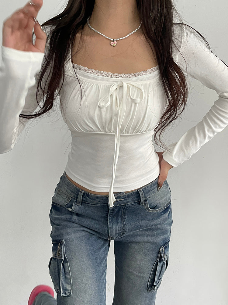 BXOXO - summer inspo Ruched Tie Lace Trim Square Collar Slim Long Sleeve White Y2K T Shirt Women Cute Japanese Kawaii Clothing