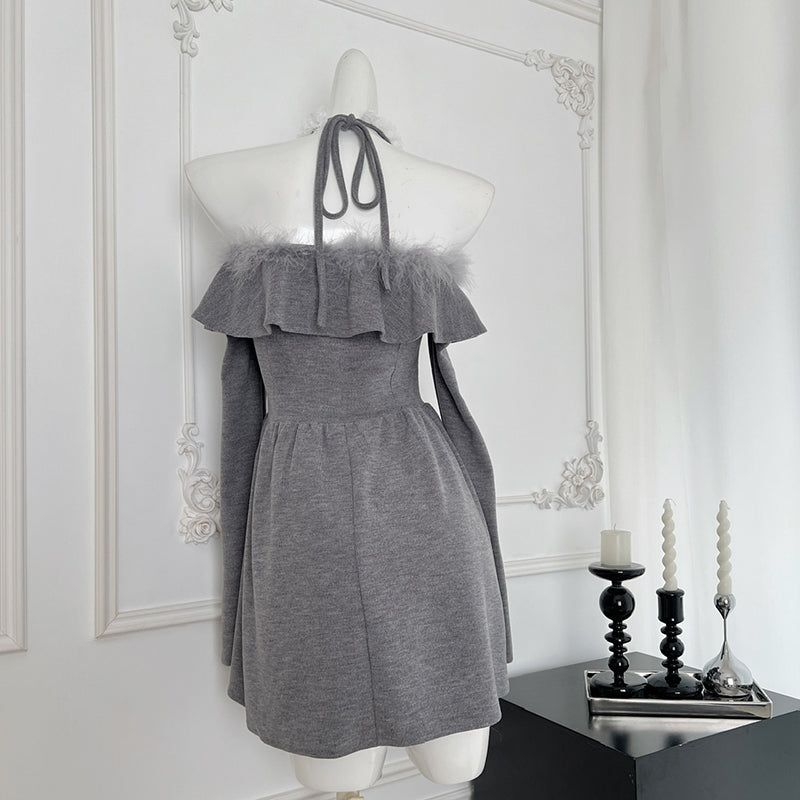 BXOXO - summer inspo Elegant Long Sleeve Dress Solid Color Off-shoulder Slimming Short Skirt Women Fashion Design Wrinkled A-line Dress Autumn New