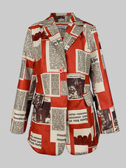 BXOXO Long Sleeves Loose Buttoned Newspaper Print Pockets Split-Joint Notched Collar Blazer Outerwear