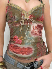 BXOXO - summer inspo Plant And Floral Print Vintage Y2K Aesthetic Mesh Camisole Women Tie Lace Trim Cute Kawaii Clothes