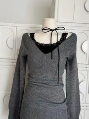 BXOXO Vintage V-neck Woman Sweater Sexy Coquette Gray Long Sleeve Knitwears Pullovers Preppy Style 2000s Aesthetic Sweaters