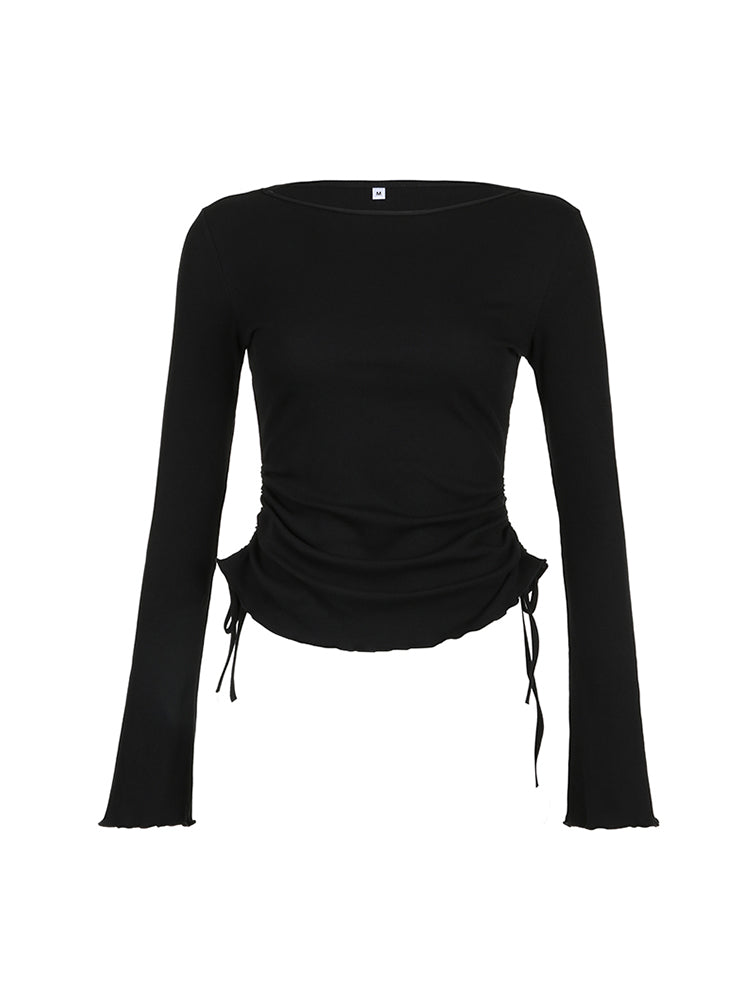 BXOXO - summer inspo Black Solid Ribbed O Neck Slim Long Sleeve Basic Long Sleeve T Shirt Women Side Shirring Lace-Up Chic Fashion Elegant Simple Tee
