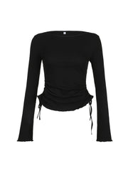 BXOXO - summer inspo Black Solid Ribbed O Neck Slim Long Sleeve Basic Long Sleeve T Shirt Women Side Shirring Lace-Up Chic Fashion Elegant Simple Tee