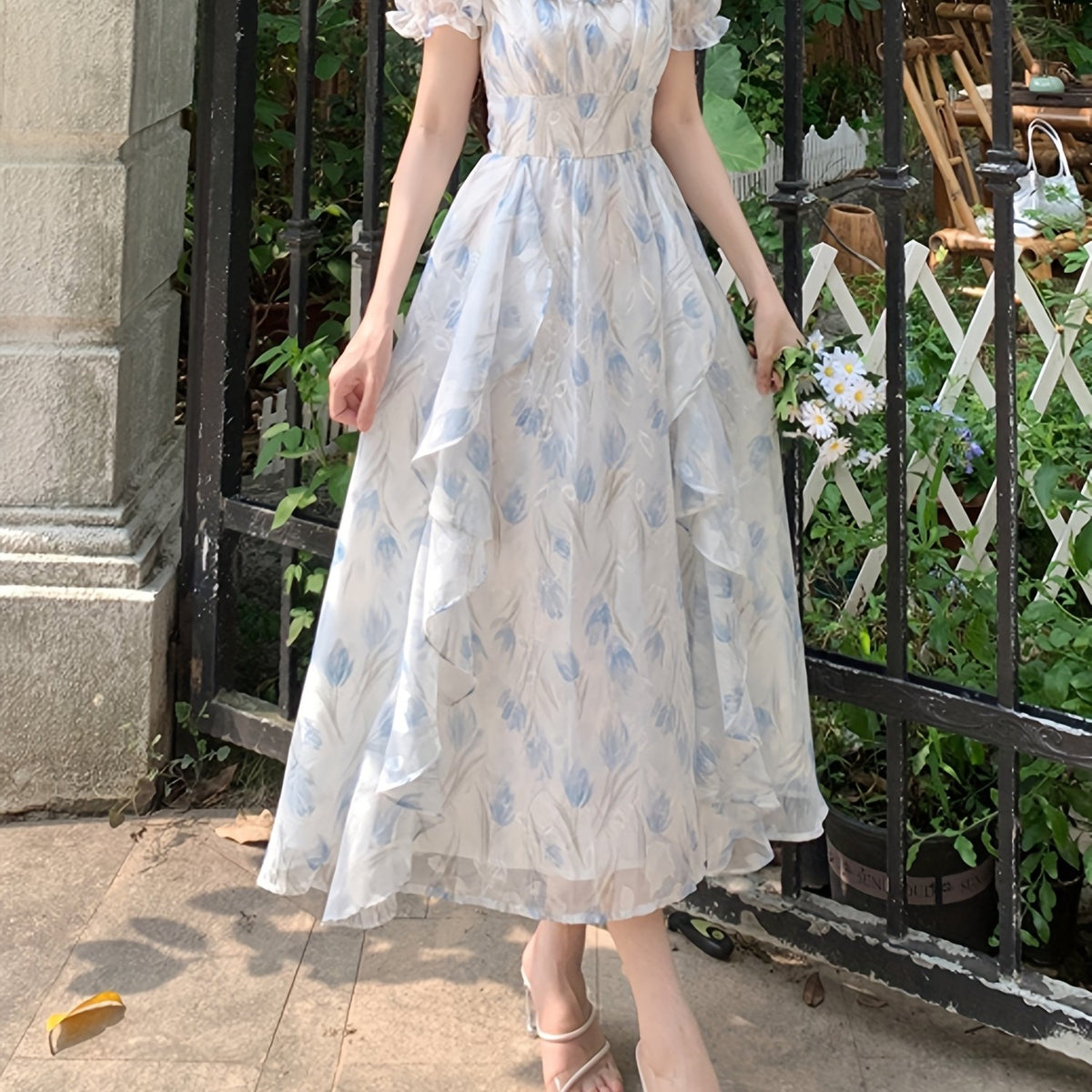 BXOXO Polyester Casual Square Neck Puff Sleeve Short Floral Midi Trapeze Fit and Flare Shirred A-Line Dress, No Belt, No Padding, H Contour, Regular Fit, Woven, 100% Polyester Lining, 90g/㎡ Fabric Weight, 56g/㎡ Lining Wei
