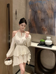 BXOXO [Elegant Off-Shoulder Dress] Elegant Off-Shoulder Ruffle Dress - Semi-Sheer, High Waist, Pleated Skirt, Polyester - Spring/Fall Fashion, Princess Sleeve