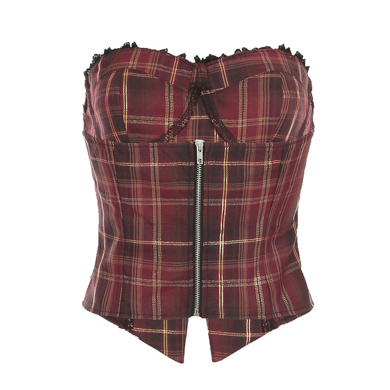 BXOXO - summer inspo Christmas Red Plaid Lace Trim Bandage Women’s Straps Tops Skinny Hotsweet Festive Atmosphere Blouses Fashion Trendy
