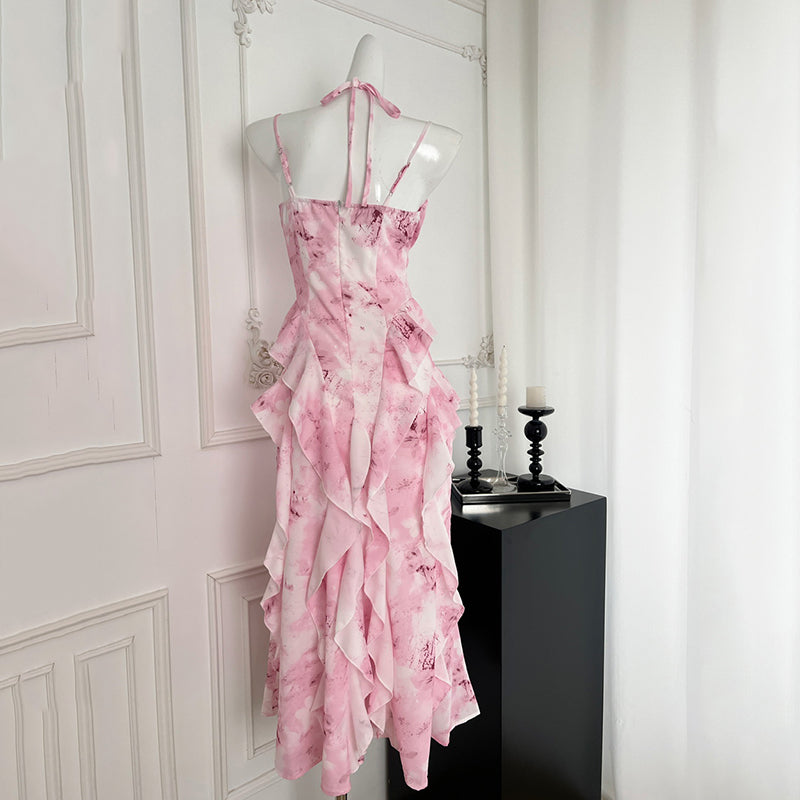 BXOXO - summer inspo Summer Beach Print V-neck Sling Halter Dress Women Sexy Sleeveless Lace-Up Backless Loose Dress 2025 New Holiday Casual Robe