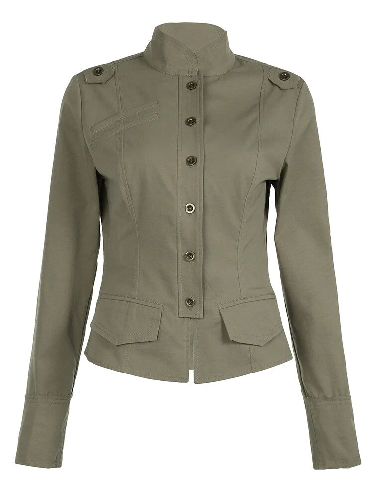 BXOXO - summer inspo Retro Green Slim Cargo Jackets Women Button Up Stand Collar Long Sleeve Autumn Korean New Fashion Outwear
