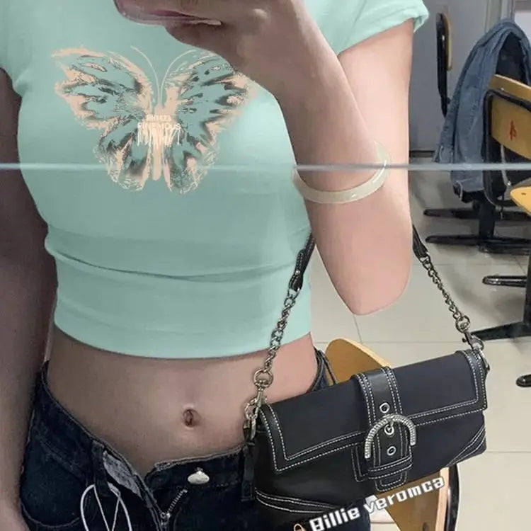 BXOXO Y2k Summer T shirts Cropped Tops Women Clothes Vintage 90s Short Sleeve Sexy O-Neck Punk Streetwewar Tee Goth Femme T shirt Top