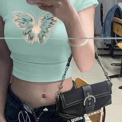 BXOXO Y2k Summer T shirts Cropped Tops Women Clothes Vintage 90s Short Sleeve Sexy O-Neck Punk Streetwewar Tee Goth Femme T shirt Top
