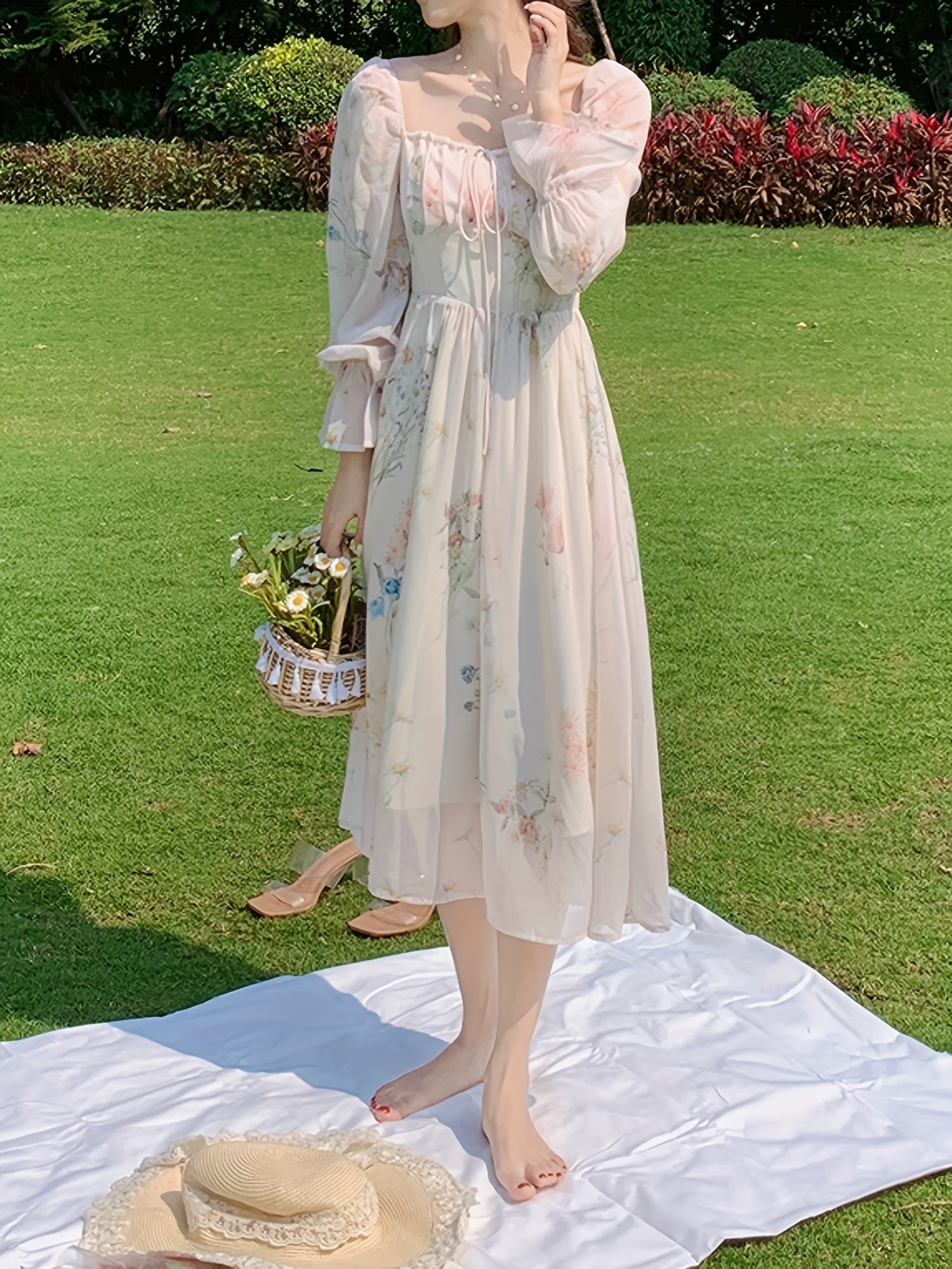 BXOXO Women's Floral Print Square Neck Chiffon Dress with Long Bell Sleeves - Mid-Length H-Line Silhouette, Smocked Detailing & Flowy Umbrella Hem for Casual to Formal Occasions, Floral Print Dress
