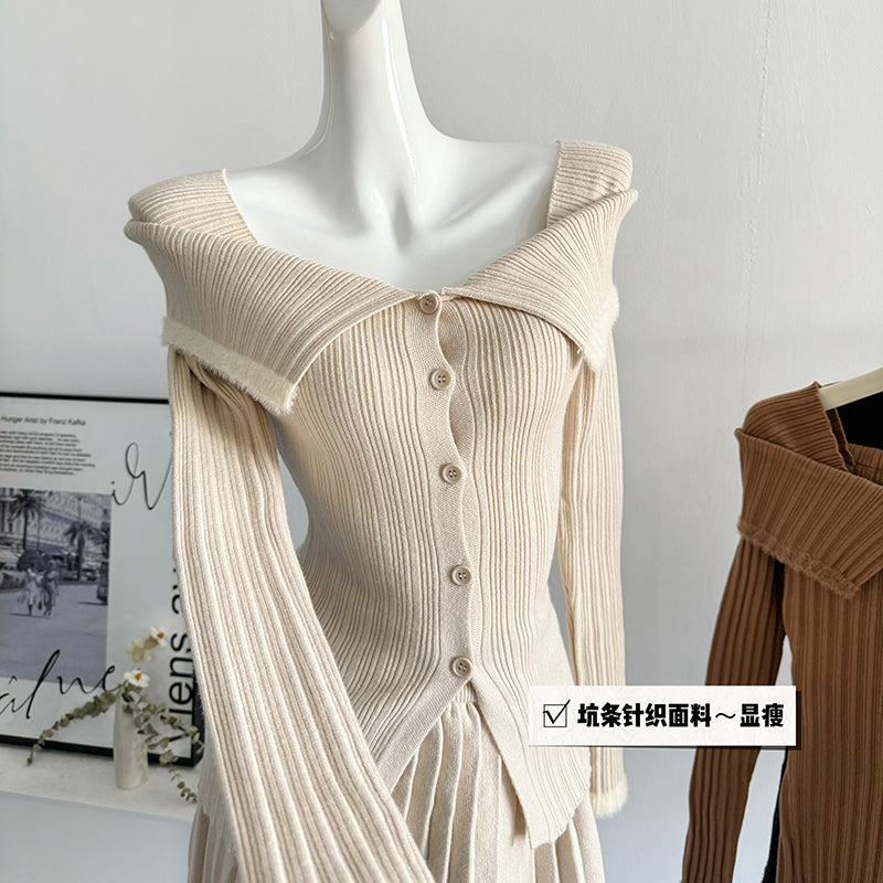 BXOXO - summer inspo Autumn New Elegant Set Skirt Women's Slim Temperament Long Sleeve Knitted Top Pleated Skirt Two Piece Set
