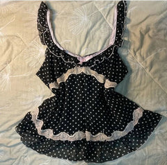BXOXO Sexy Dresses Backless Women Summer Clothes Lace Polka Dot Casual Korea Mini DressSleeveless 2000s Sweet Girl Harajuku Y2k Dress
