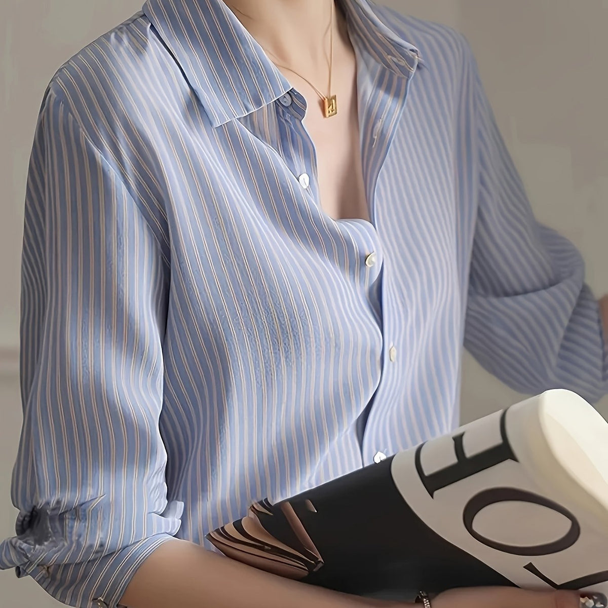 BXOXO Women'S Elegant Striped Polyester Shirt, Loose Fit, Long Sleeve, Regular Length, Button-Up Polo Collar, All Seasons, Woven Fabric, 120gsm - Blue Striped Blouse