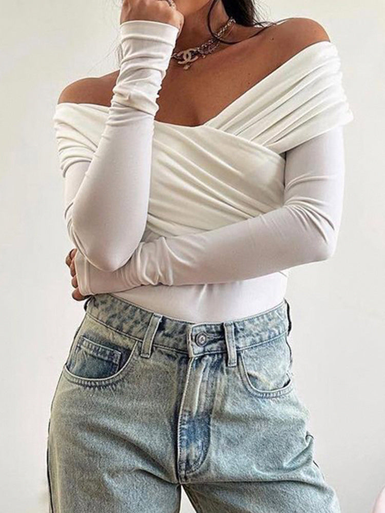 BXOXO - summer inspo Black Solid Off Shoulder Cross Elegant Sexy Slim Long Sleeve T-Shirt Women White Basic Cropped Tee